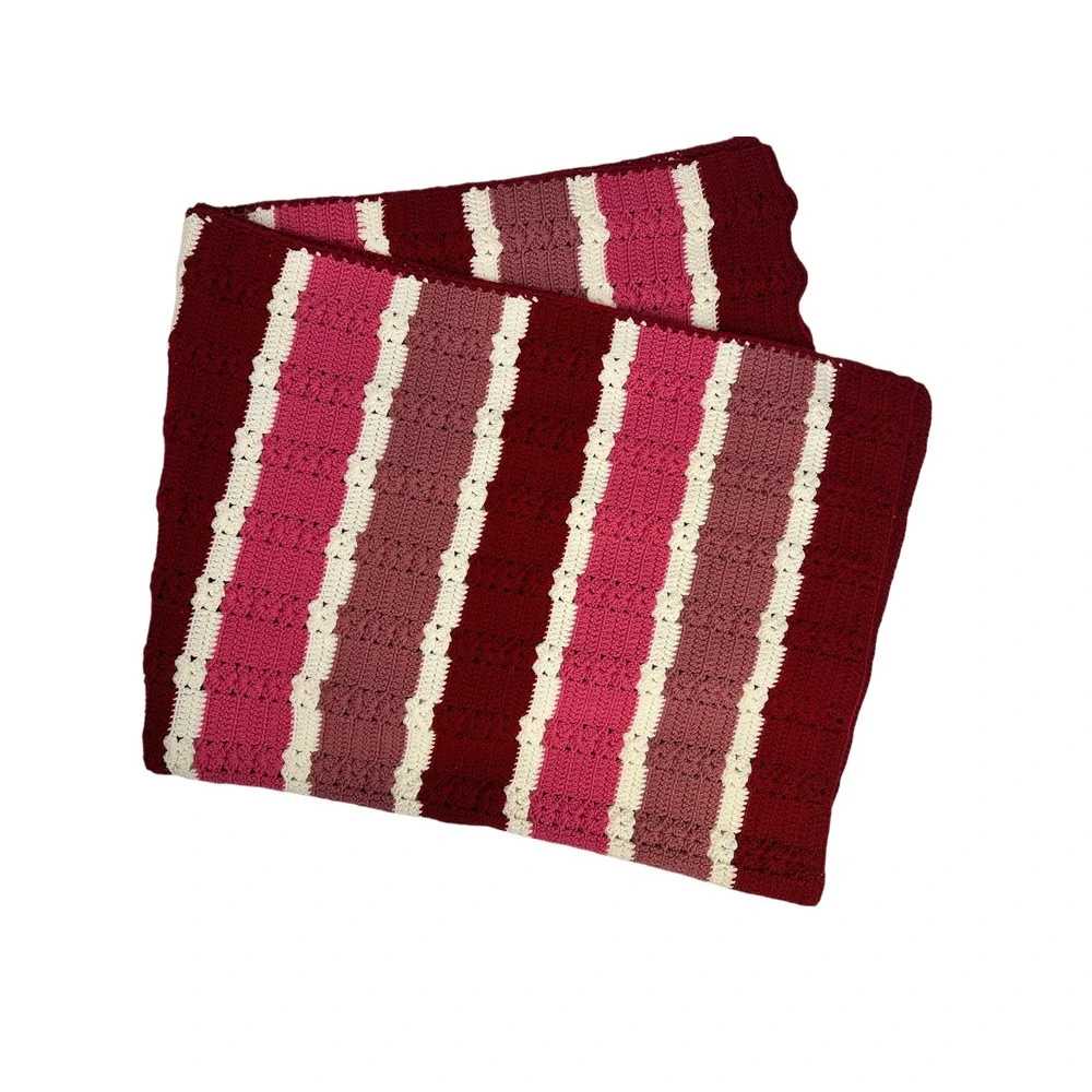 Handmade Crochet Throw Blanket 47x60 Burgundy Pink Excellent Striped Boho